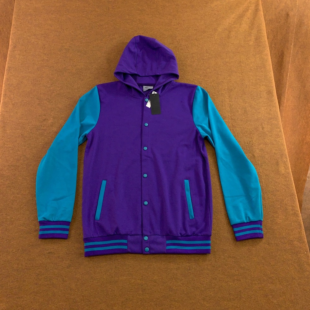 Riflessi Mens Size XL Purple Turquoise Snap Front Hooded Varsity Jacket NWT